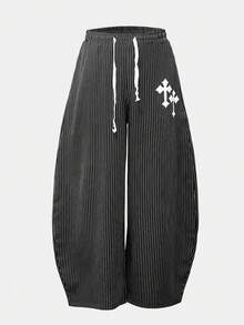 ROMWE MEN Street Life Men's Fashionable Striped Pants, Casual Loose Fit Trousers For Street Style - Black - View 3