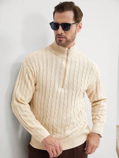 Manfinity Mode Áo len chui đầu tay dài trơn màu trơn có khóa kéo nửa trước dành cho nam, dành cho bạn bè, mùa thu/đông
