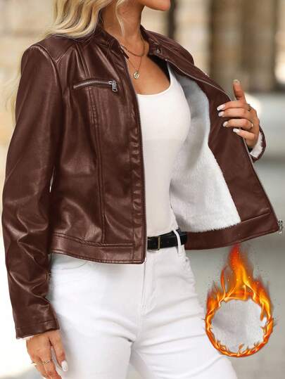SHEIN Clasi Chaqueta casual de mujer con cremallera y forro térmico de piel sintética (PU), ajuste slim, para otoño/invierno