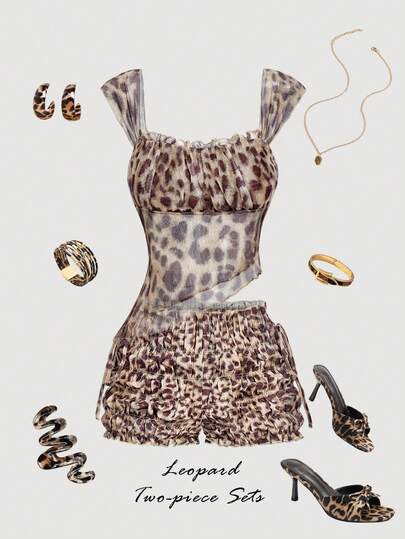 SHEIN MOD Women's Pleated Asymmetric Hem Leopard Top And Shorts 2 Pieces Set ,Fall/Winter,New Year ,New Year Look,Western, Leopard ,Boho, Leopard Set, Cheetah Set, Cheetah Print Two Piece,Cowgirl Set
