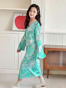 DAZY Tween Girls V-Neck Long Sleeve Nightgown Loungewear - Blue - View 3