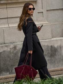 EMERY ROSE Women's Solid Color Minimalist Casual Turndown Collar Long Sleeve Overcoat Long Coat Long Coats For Women Classic Outfits For Women Black Coat Women Coats Winter Clothes For Women Winter Jacket Winter Coat Winter Coat Women Winter Clothes Women - Black - View 2