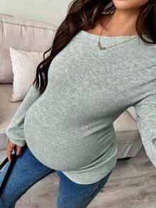 SHEIN Autumn And Winter Maternity Casual Solid Color Asymmetric Collar T-Shirt, Autumn Green Long Sleeve Top - Mint Green - View 5