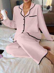 Women's Contrast Trim Lapel Loose Long Sleeve Pajama Set Light Pink Pajama Set Two Pieces Sleepwear Set Women Lounge Wear Sets, Fall & Winter Clothes - Pink - View 4