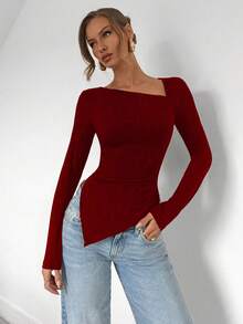 SHEIN PETITE Áo thun dài tay dáng ôm màu trơn cổ nhún thanh lịch dành cho nữ, Xuân/Thu - Màu Đỏ Sâu - Xem 4