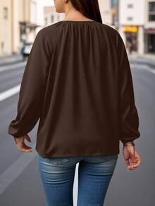 EMERY ROSE Coffee Color V-Neck Tie Blouse, Plus Size Women Printed Shirt - Multicolor - View 2