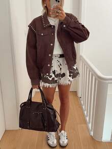 INAWLY Áo khoác nữ dáng rộng màu trơn mới, thời trang thu đông - Cà phê nâu - Xem 1