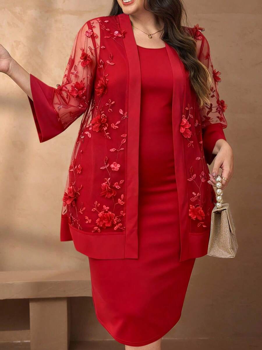 SHEIN Clasi 大码女式两件套,优雅的白色刺绣开衫衬衫和长裙两件套服装,适合休闲、工作和户外穿着 - 紅色 - 查看 1