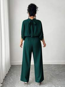 Elenzga Plus Size Women's Elegant Short Sleeve Jumpsuit, Stand Collar, Back Tie, Embroidered Cuffs, Suitable For Casual And Party Wear - Dark Green - View 2