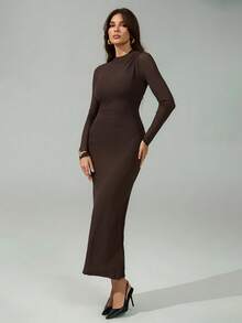 SHEIN Tall Damen Kaffeefarbe Langarm Lässig Kleid, geeignet für urbane Pendler, Geschäft, elegante Party, Halloween, Weihnachten - Braun - Übersicht 6