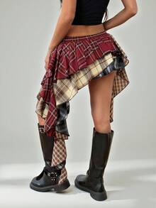 SHEIN PETITE 不对称格子拼布百褶裙，节日气氛，圣诞节和新年红色格子拼布 - 彩色 - 查看 3