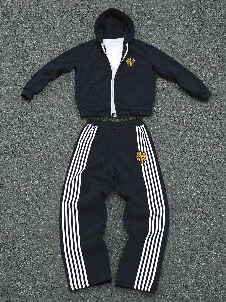 Manfinity Roghcode Bộ đồ nam 2 món, áo hoodie có khóa kéo và quần kẻ sọc, thời trang thu đông, bộ đồ chạy bộ cho nam - Màu xanh hải quân - Xem 1