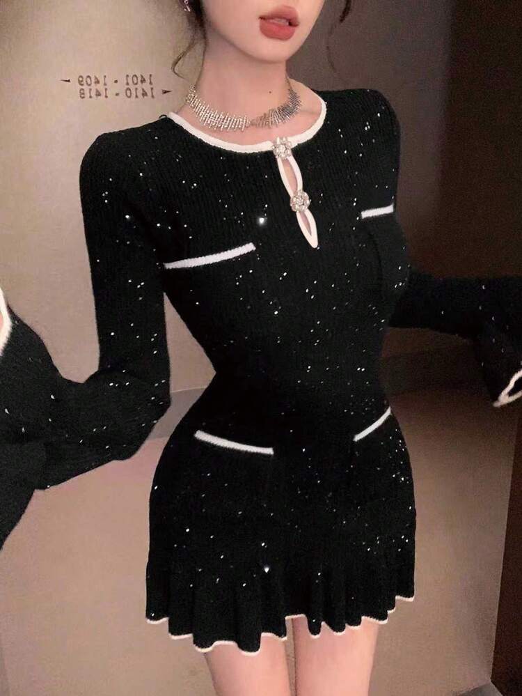 Autumn/Winter Loose Business Casual Commute Elegant Minimalist Fashion Contrast Color Sequin Metal Button Decor Flare Sleeve Ruffle Hem Short Dress, Suitable For Wedding, Party, Banquet, Hollow Out Knit Dress For Women Prom Dress Sweater Dress