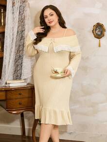 Côtesoire Plus Size Off Shoulder Lace Splice Long Sleeve Nightgown, French Romantic Elegant, Winter - Beige - View 1