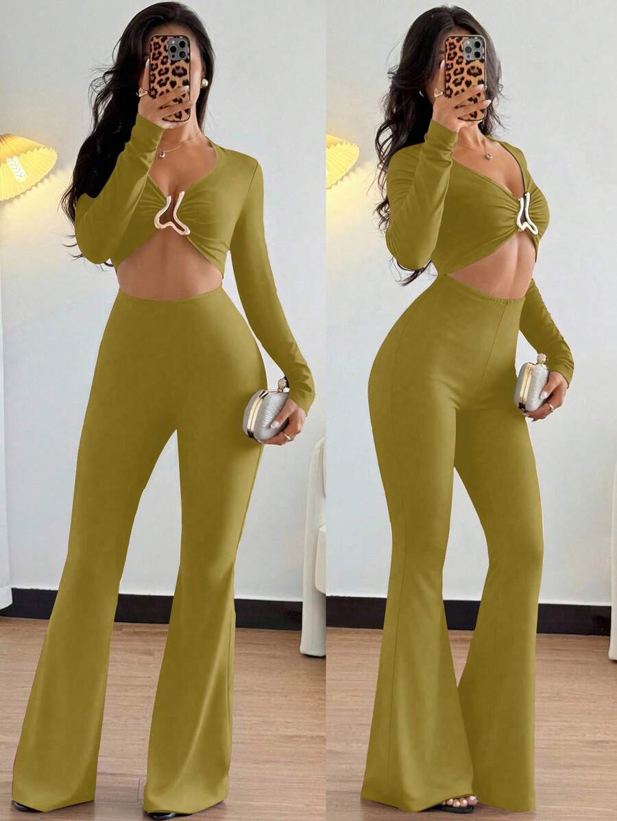 Chiquease 欧美风休闲金属装饰收腰长袖性感黑色高弹力连体裤（女款） - 芥末黃 - 查看 1