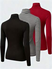 INAWLY Plus Size Solid Color & Striped Print Turtleneck Fitted Long Sleeve T-Shirt - Multicolor - View 2