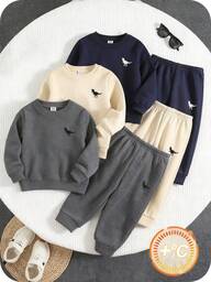 SHEIN 3pcs/Set Thickened Fleece Toddler Boy/Girl Outfit Set, Solid Color Dinosaur Print Crew Neck Long Sleeve Sweatshirts, Comfortable Casual Daily Wear, Suitable For Indoor, Outdoor, Sports, Party, Photography, Festival, Streetwear, Tracksuit, Christmas, New Year, Autumn/Winter