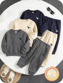 SHEIN 3pcs/Set Thickened Fleece Toddler Boy/Girl Outfit Set, Solid Color Dinosaur Print Crew Neck Long Sleeve Sweatshirts, Comfortable Casual Daily Wear, Suitable For Indoor, Outdoor, Sports, Party, Photography, Festival, Streetwear, Tracksuit, Christmas, New Year, Autumn/Winter