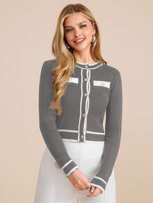 Amorya Women's Grey Rib Knit Crop Cardigan With Round Neck And Long Sleeves Elegant Button Detail - Grey - View 3