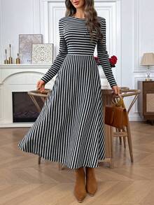 EMERY ROSE Váy mùa đông dài tay cổ tròn kẻ sọc thường ngày dành cho nữ - Nhiều màu - Xem 6