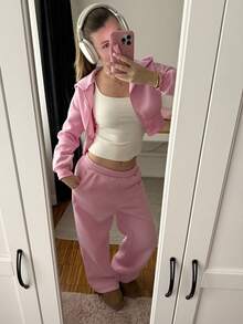 CovetEZ Women's Spring Fashionable Pink Zip Front Hooded Sweatshirt And Pants Two Pieces Set - Pink - View 3