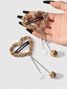 ROMWE Kawaii 2 pezzi Set di fermagli per capelli stile Y2K retrò e chic, decorati con stampa leopardata giallo-marrone lucida, cuore, catena cava d'argento, stella, palla soffice, di alta qualità e minimalista, adatti per uso quotidiano delle donne, regalo per le vacanze - marrone giallastro - Visualizzare 4