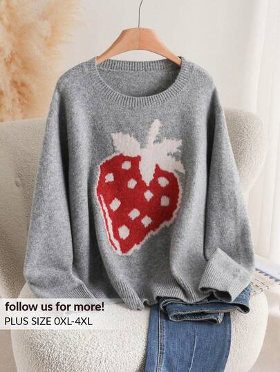 CosyJoli 秋冬大码女式草莓提花灰色套头衫，长袖