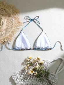 SHEIN Swim Curve 夏季单件大码女式露背印花性感三角比基尼上衣，休闲度假比基尼