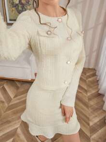 SHEIN LUNE 女士秋冬水钻纽扣厚针织长袖夹克和迷你裙套装，优雅百搭，适合派对、休闲聚会 - 黃色 - 查看 6