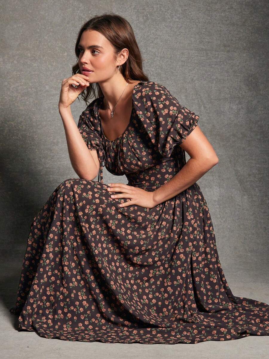 WESTFADE Dark Pink Ditsy Floral Print Scoop Neck Bow Tie Puff Sleeve Shirred Fit & Flare A Line Midi Dress,Summer Cottage Core Tea Party,Boho Coastal Cowgirl - Multicolor - View 1