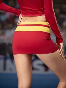 Menodora SHEIN Sport 女士撞色啦啦队运动裙裤 - 酒紅色 - 查看 4