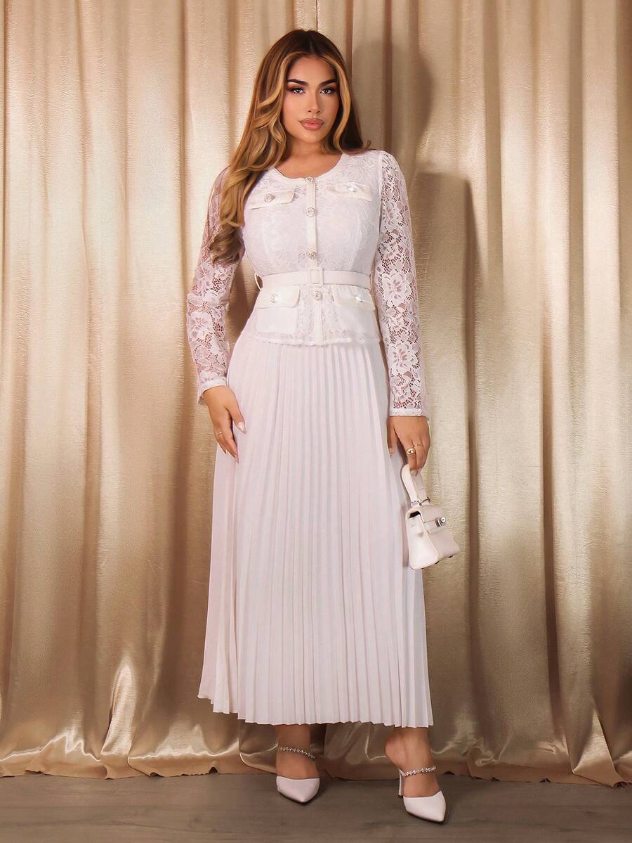Xyvia Vestido Elegante para Festa/Convidada de Casamento Feminino, Renda Refinada em Recortes, Fivela de Strass, Vestido Midi Plissado com Cintura Ajustada, Outono/Inverno - Branco - Visão 1