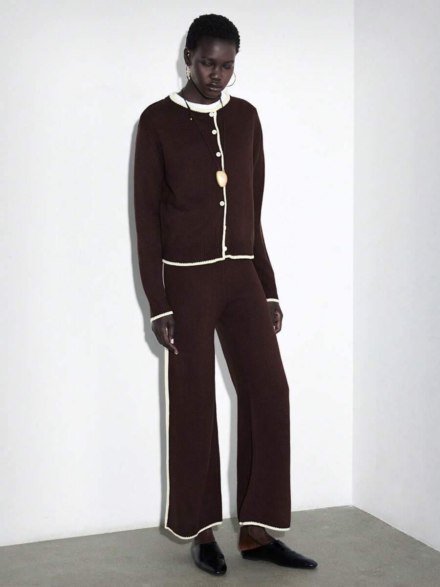 Lumivelle Women's Brown & Beige Contrast Color Round Neck Short Cardigan Paired With Wide Leg Pants - Multicolor - View 1