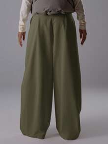 MUSERA 宽松阔腿筒形系带低腰褶裥长裤，优雅夜生活性感可爱酷女孩街头风休闲夏季裤装 - 軍綠色 - 查看 4