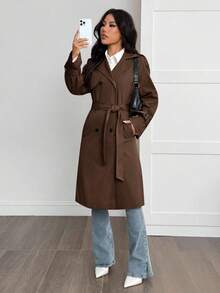 SHEIN PETITE Women's Solid Color Minimalist Casual Long Sleeve Trench Coat,Women's Winter Clothes - Brown - View 6