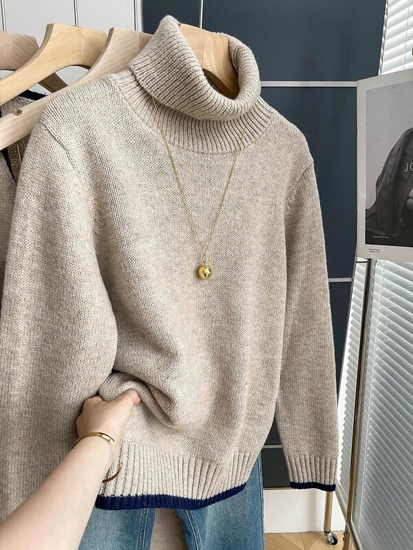 Franclia French Retro Loose High Neck Long Sleeve Contrast Trim Knit Pullover Sweater For Women, Autumn/Winter