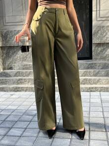 Chiquease Women's Straight Leg Multi-Pocket Cargo Pants - Army Green - View 4