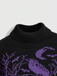 ROMWE Goth 哥特式深色高领保暖乌鸦墓地月亮蝙蝠树枝提花黑色灯笼袖女式毛衣 - 黑色 - 查看 3