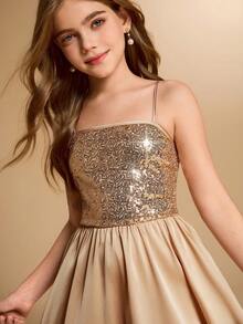 Váy satin chắp vá sequin cao cấp cho bé gái và bé gái tuổi mới lớn, viền bất đối xứng, trước ngắn, dài sau, váy trang trọng cho đám cưới, tiệc tùng, sinh nhật, giáng sinh - Rượu sâm banh - Xem 8