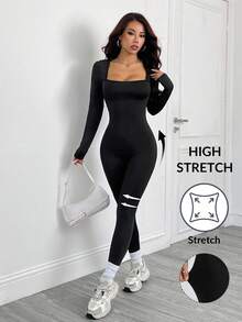 SHEIN PETITE Mono de mujer de manga larga, cuello cuadrado y unicolor, ajustado, para otoño - Negro - Ver 1
