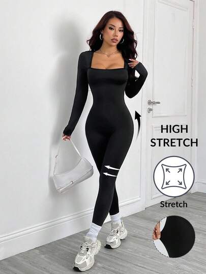 SHEIN PETITE Mono de mujer de manga larga, cuello cuadrado y unicolor, ajustado, para otoño