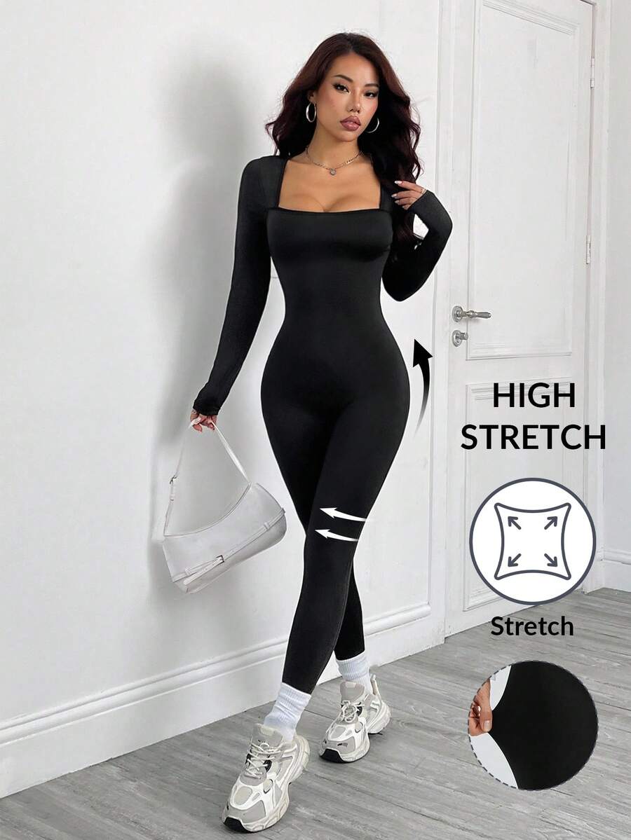 SHEIN PETITE Mono de mujer de manga larga, cuello cuadrado y unicolor, ajustado, para otoño - Negro - Ver 1