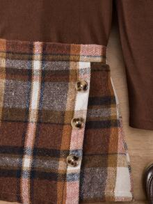 SHEIN Elladie kids 两件套圣诞少女休闲日常荷叶边露肩T恤上衣+经典红白格子不对称下摆半身裙套装，时尚百搭，适合圣诞节及其他场合，秋冬季 - 彩色 - 查看 5