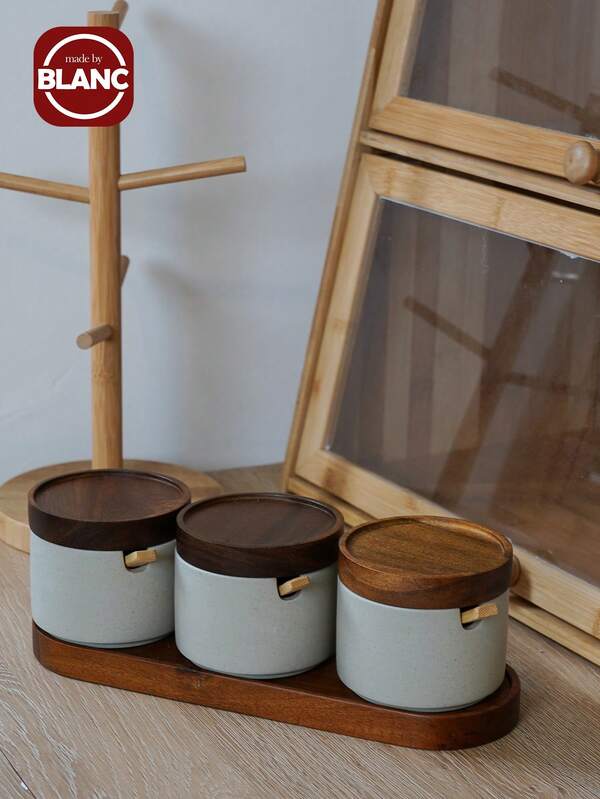 1pc/2pcs/3pcs Japanese Rustic Ceramic Seasoning Jars With Wooden Lids And Tray, Kitchen Salt Sugar Spice Storage Containers