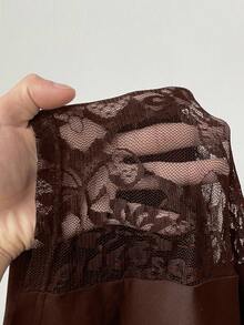 NU&NOW Plus-Size Women's Summer Brown Solid Color Fabric Patchwork Sexy Lace V-Neck Suspender Jumpsuit Shorts, Suitable For Everyday Wear, Parties, New Year's Wear, Christmas Wear, Holiday Wear, Valentine's Day Wear, Floral Pattern. - Brown - View 7