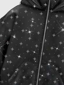 ROMWE MEN Street Life 男士时尚水钻装饰拉链连帽衫，秋冬季长袖上衣 - 灰色 - 查看 5