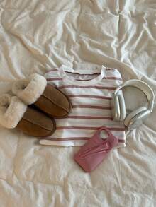 CovetEZ 春夏白色条纹印花落肩卫衣连帽衫，秋冬款 - 粉色 - 查看 7