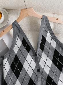 Sparklyn 2pcs/Set Women's Diamond Pattern Knit Cardigan Top And Mini Skirt, New Autumn Collection - Grey - View 5