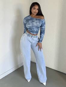 Alexandranx 寬鬆腰頭水洗直筒牛仔褲，高個女性適用 - 淺色水洗藍 - 查看 1