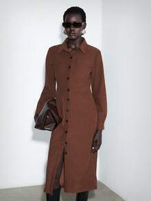 SHEIN Luminelle Vestido midi de pana de otoño/invierno, estilo vestido camisa con bolsillos en el pecho y bolsillos en diagonal - Café - Ver 5